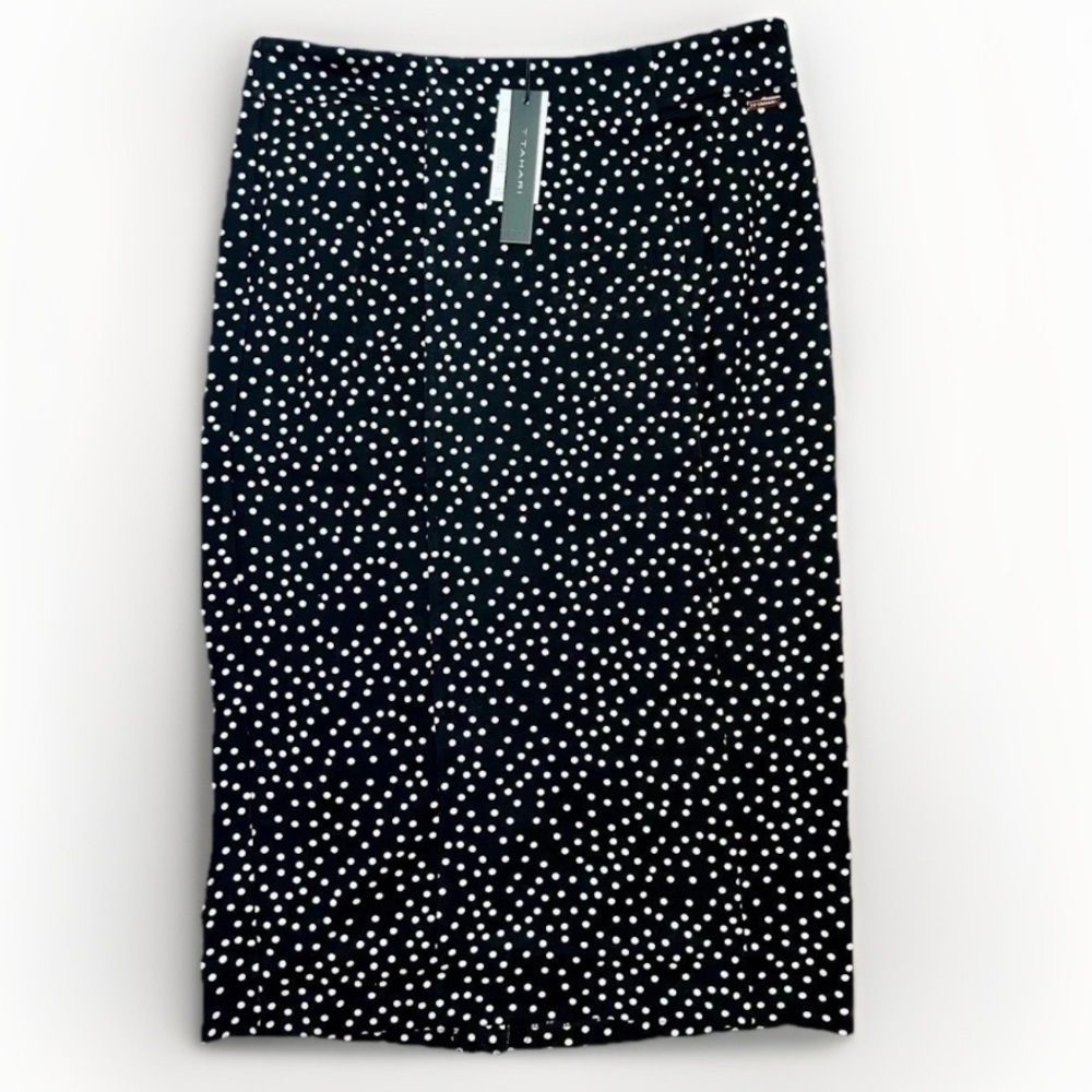 T TAHARI Midi Pencil Skirt Size S Black White Polka Dot Slit Leg Tummy Control